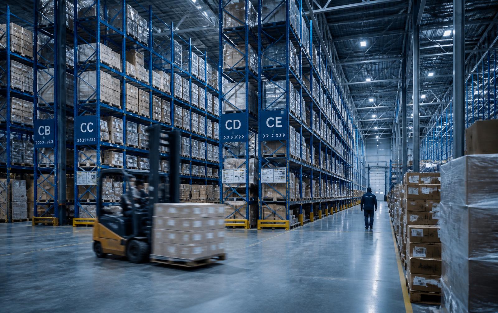 Bodega industrial DIFRAN con racks y pallets de suministros